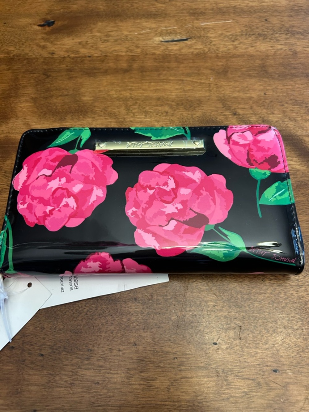Betsy Johnson Wristlet Wallet - Pink Floral on Black - Picture 2 of 7